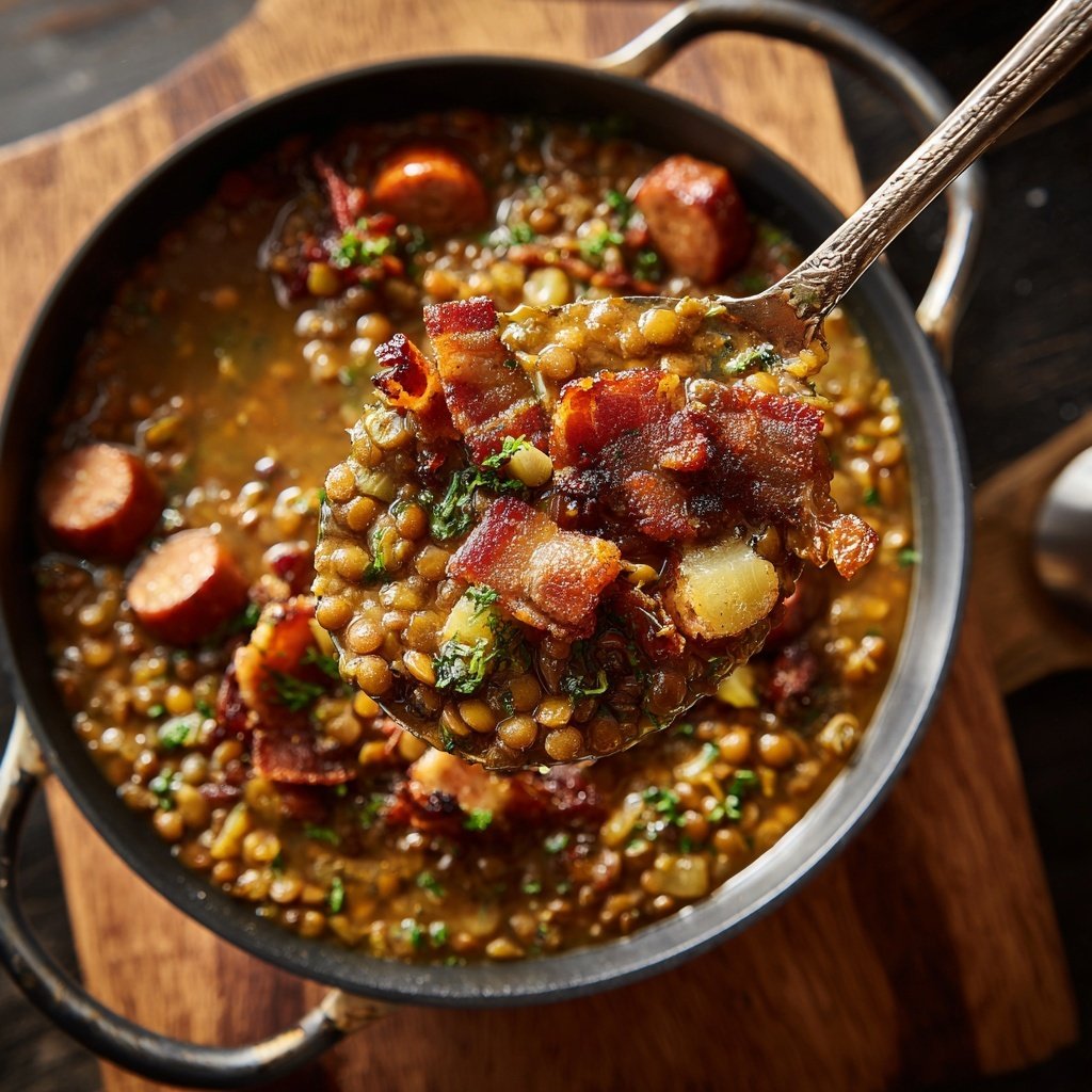 Erzgebirgischer Linsentopf mit Bratwürsten und Speck