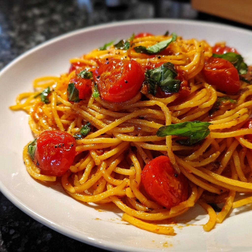 Spaghetti mit Tomaten und Basilikum